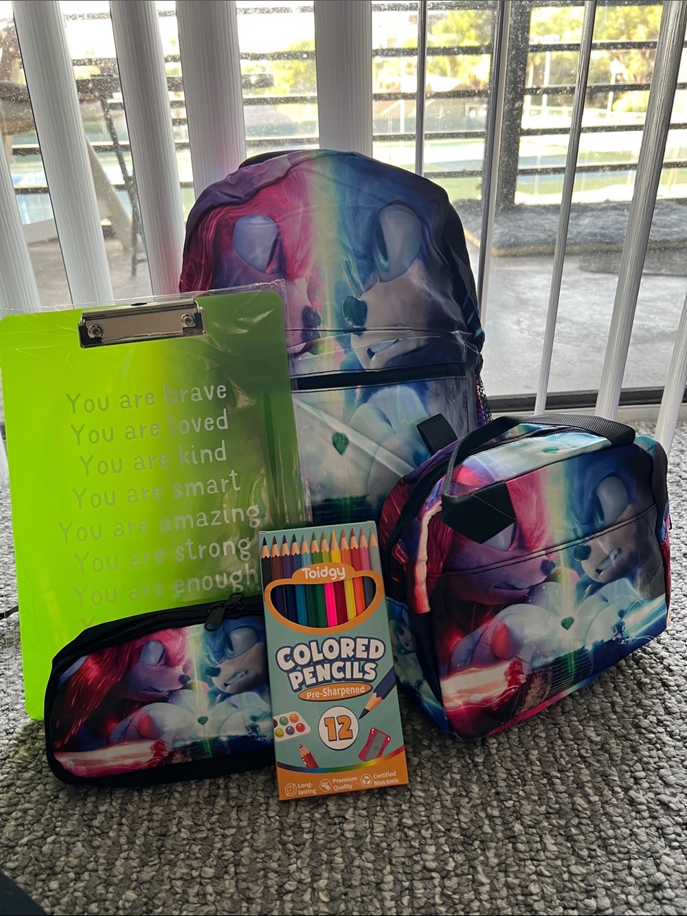 Sonic 5 Piece Backpack Set - lunchbox, Pencil case, Colored Pencils & Clipboard